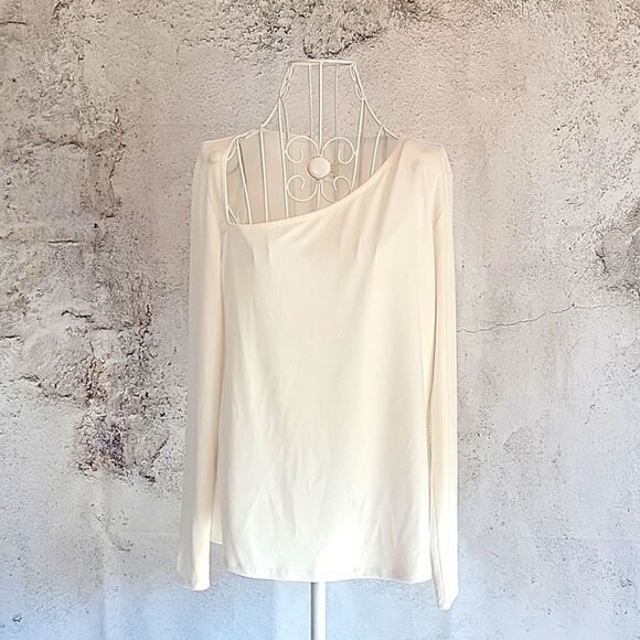 H&M cream color casual top with assymetrical neckline Women's Size L - Picture 1 of 10